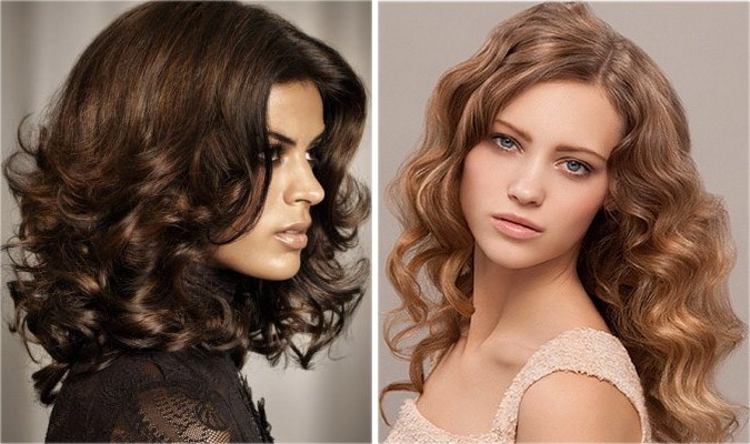 Kvinnors frisyr för medium lockigt hår. Ett foto. För ett runt, ovalt ansikte