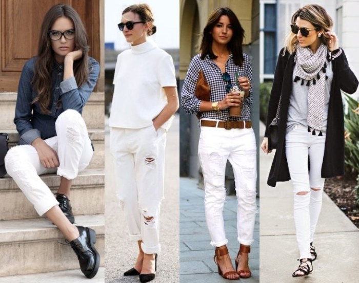 Uz što nositi bijele traperice ljeti i zimi, žene i muškarci. Fotografija