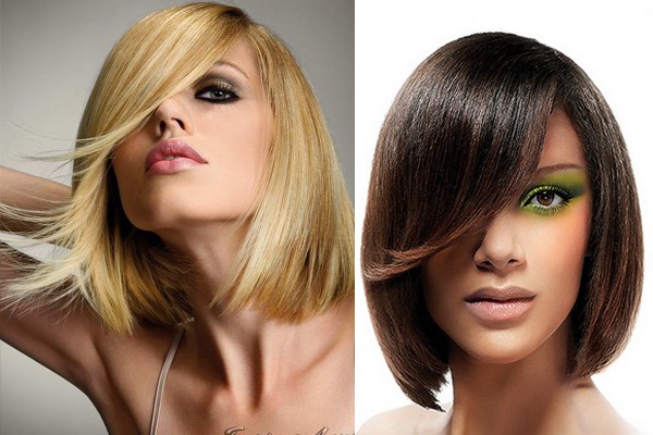 Talls de cabell de dona per a cabells mitjans amb serrell. Foto de talls de cabell de moda per a cabells clars, foscos i vermells