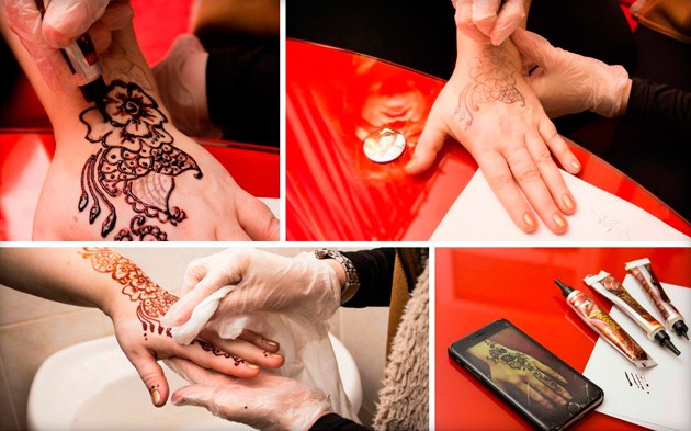 Käden piirustukset hennalla, mehendi-tatuointi aloittelijoille, kevyet luonnokset, kuviot. Valokuva