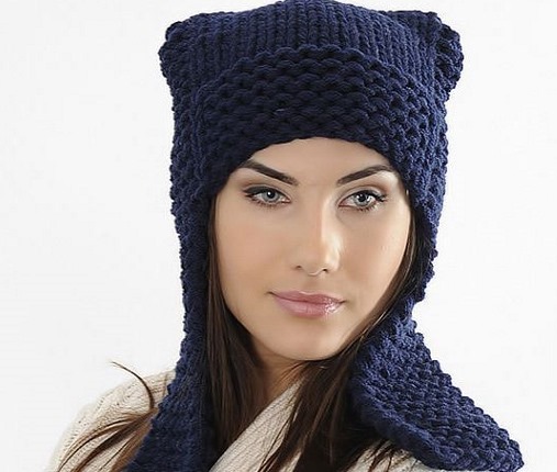 Hut mit Ohren für Frauen. Häkeln, stricken mit Beschreibungen und Mustern. Foto, Video