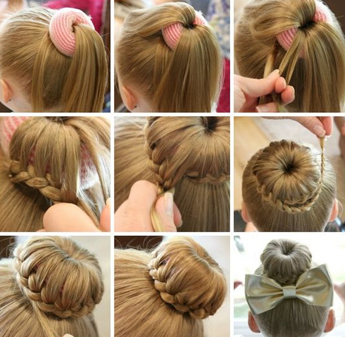 Kinderfrisuren für langes Haar beim Abschlussballmädchen. Schritt-für-Schritt-Anleitung, wie Sie es selbst machen. Ein Foto