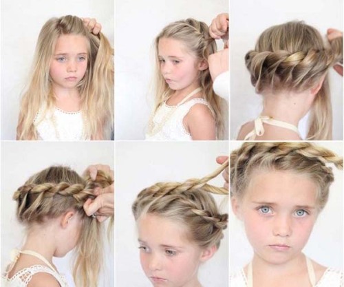 Vaikiškos ilgų plaukų šukuosenos pas išleistuvių merginą. Žingsnis po žingsnio instrukcijas, kaip tai padaryti patys. Nuotrauka