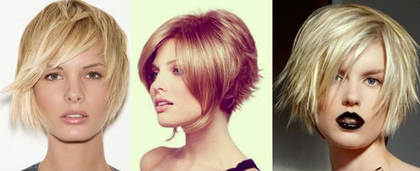 Rövid, hosszú frufruú hajvágás nőknek, vékony, zsíros és göndör hajhoz, rövid tarkóval, aszimmetriával. Fénykép