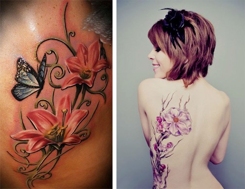 Tatuaże na grzbiecie (z tyłu) dla dziewczynek: hieroglify, napisy z tłumaczeniem, kwiaty, kropki, runy, planety, linie. Piękne szkice