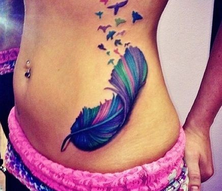 Höyhen tatuointi - tytön merkitys sanalla, linnuilla, riikinkukolla jalassa, käsivarressa, ranteessa, vatsassa, kaulassa, selässä, solisluulla, hänen puolellaan