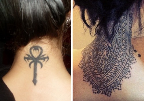 Tatueringar på nacken på tjejerna - vackra hieroglyfer, indisk ritning, inskriptioner med en översättning med livets mening. Skisser, foton och betydelse