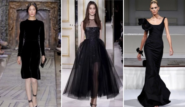 Melna vakarkleita līdz grīdai ar spraugu, mežģīnēm, atvērtiem pleciem, muguru, briest, Dior stilā. Fotogrāfija