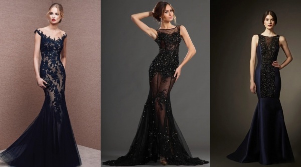 Rochie de seară neagră pe podea cu o fantă, dantelă, umeri deschiși, spate, pentru întreg, în stil Dior. O fotografie