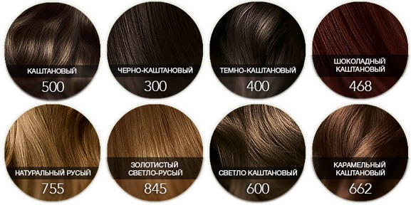 Šviesiai rudi plaukų spalvos dažai Garnier, Estelle, Loreal, Kapus, Palet, Igor. Paletė, nuotrauka ant plaukų