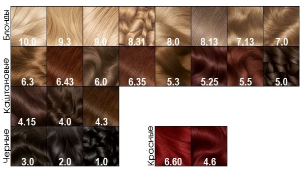 Gaiši brūna matu krāsu krāsa Garnier, Estelle, Loreal, Kapus, Palet, Igor. Palete, foto uz matiem