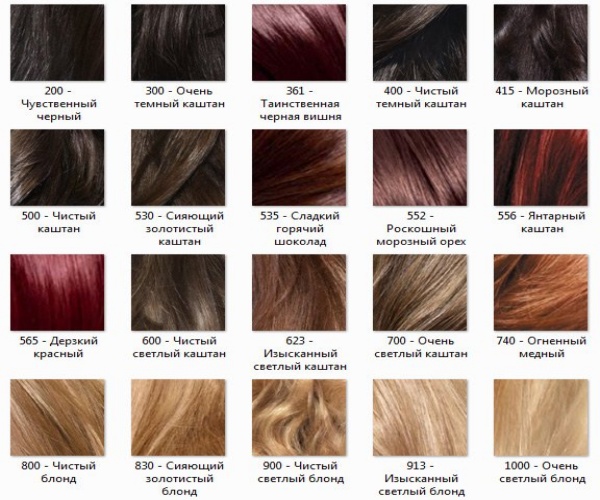Ljusbrun hårfärgfärg Garnier, Estelle, Loreal, Kapus, Palet, Igor. Palett, foto på hår