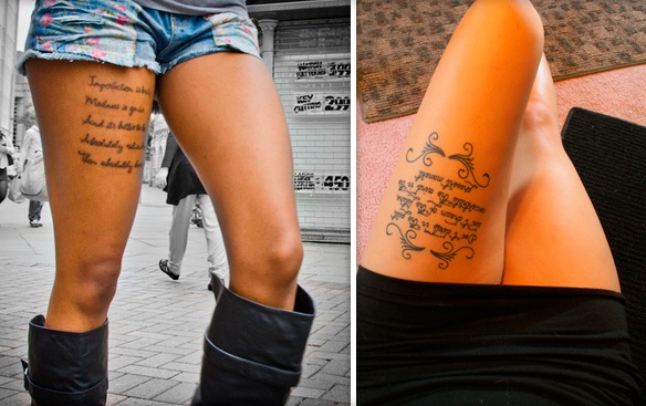 Tetovaže na bedrima za djevojčice: skice, uzorci, natpisi, male tetovaže, cvijeće, životinje, zmajevi, ruže. Fotografija