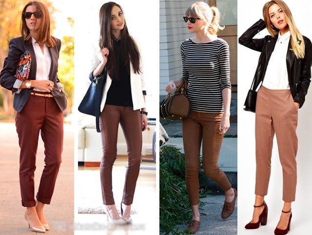Amb què portar pantalons marrons per a dona, home. Foto: pana, cuir, quadres, amb estampat, fletxes, estret i ample, clàssic
