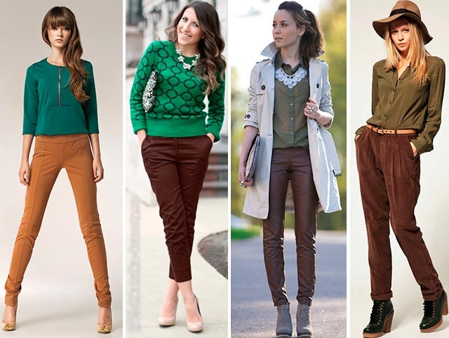 Mitä käyttää ruskeat housut naisille, miehille. Kuva: vakosametti, nahka, ruudullinen, painettu, nuolet, kapea ja leveä, klassinen