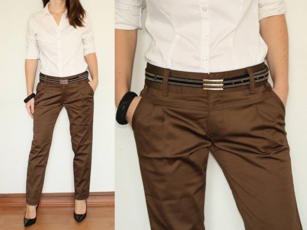 Avec quoi porter un pantalon marron pour femme, homme. Photo: velours côtelé, cuir, plaid, imprimé, flèches, étroit et large, classique