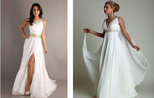 Vestits de núvia a l’estil grec per a dones embarassades, noies plenes, tonalitats delicades, amb mànigues. Estils i models reals, recomanacions per a la selecció