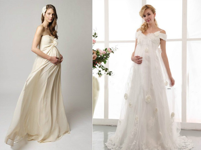 Vestits de núvia a l’estil grec per a dones embarassades, noies plenes, tonalitats delicades, amb mànigues. Estils i models reals, recomanacions per a la selecció