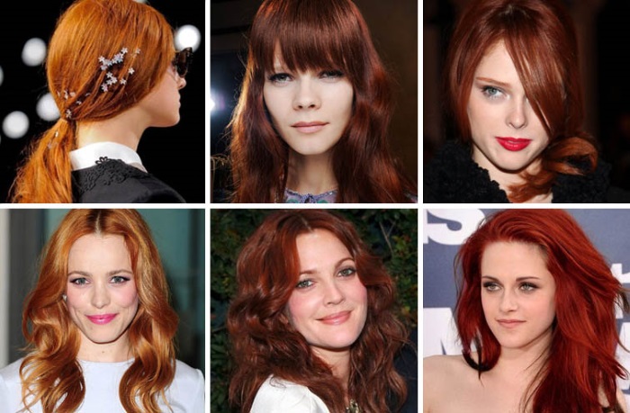 Crvena boja kose - fotografija, koja odgovara tamnoj, svijetloj, svijetloj, bakrenoj, vatrenoj, svijetlosmeđoj, kestenskoj, prirodnoj, s naglascima