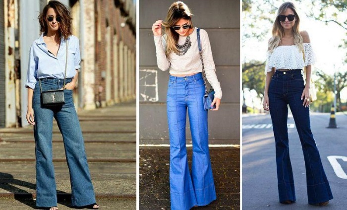 Que porter avec un jean bleu pour femme. Photo avec une taille haute, taille haute, déchirée. Images et idées à la mode