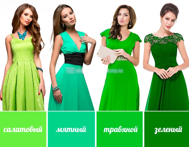 Žalia drabužiais. Atspalviai, pavadinimai ir nuotraukos, paletė šiltų ir šaltų tonų