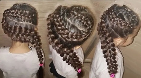 Jalinan tenun untuk rambut panjang. Gaya rambut untuk kanak-kanak perempuan ke sekolah, tocang Yunani, hebat, Perancis