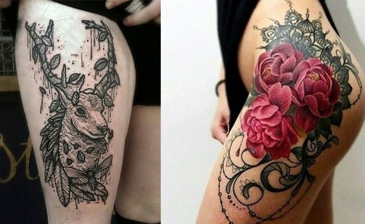 Tetovaže na bedrima za djevojčice, fotografija. Prekrasni uzorci, čipka, cvijeće, skice, natpisi s prijevodom