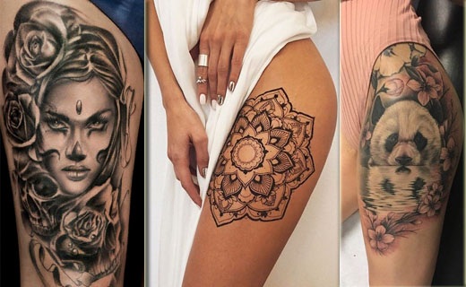 Tetovaže na bedrima za djevojčice, fotografija. Prekrasni uzorci, čipka, cvijeće, skice, natpisi s prijevodom