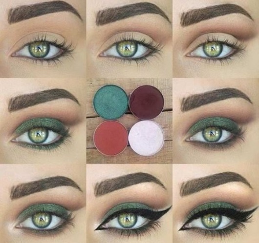 Make-up für grüne Augen und dunkles Haar, hell, rot, für jeden Tag, für eine Hochzeit. Schritt-für-Schritt-Anleitung
