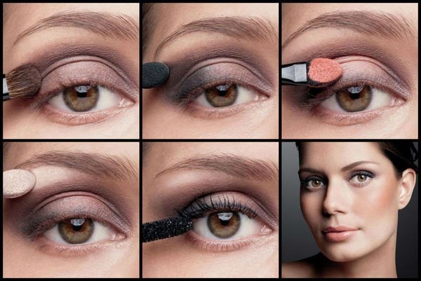 Oční make-up pro fázi zvětšení očí, související s věkem, s klesajícími víčky, šipkami. Krok za krokem, fotka