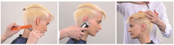 Pixie Haarschnitt für kurzes Haar. Foto Vorder- und Rückseite: Blondinen, Brünetten, Braunhaarige, Hellhaarige
