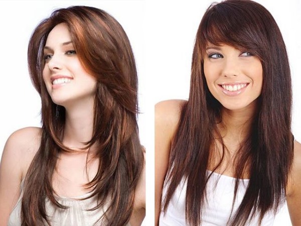 Naisten muodikkaat ja tyylikkäät hiustenleikkaukset pitkille ohuille hiuksille, joissa voi olla ilman otsatukkaa