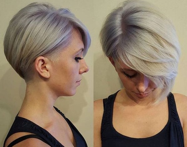 Asymetryczne fryzury dla średnich włosów dla kobiet. Zdjęcie przedstawiające osobę, widoki z przodu iz tyłu