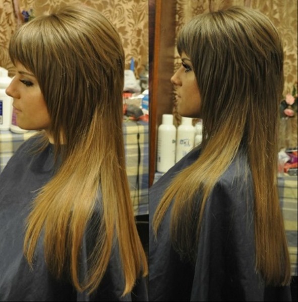 Potongan rambut wanita dengan poni untuk rambut panjang. Foto bergaya, cantik, bergaya pada tahun 2020