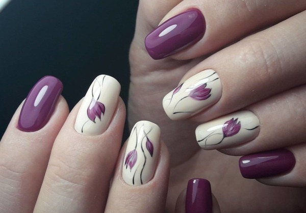 Manicure w fioletowych odcieniach na krótkie i długie paznokcie z żelem, szelakiem. Zdjęcie