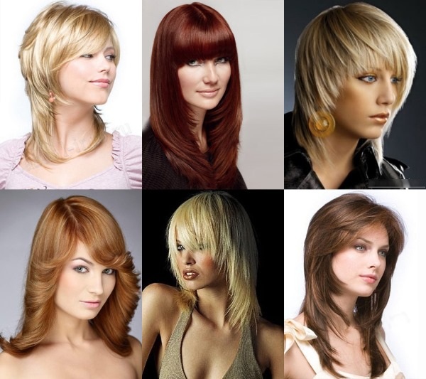 Flerskiktade frisyrer för kvinnor för medelhårigt hår med lugg. Foton, alternativ