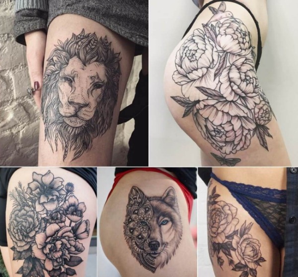 Tetovaže na bedrima za djevojčice. Ideje, fotografije, skice, natpisi, lukovi, čipka