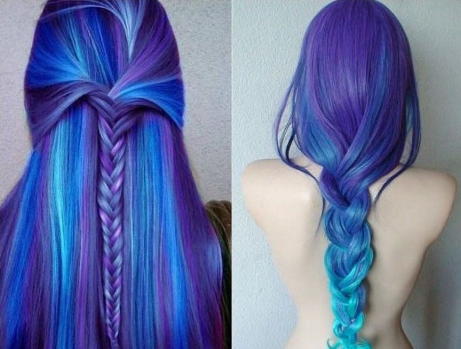Warna rambut ungu gelap untuk lelaki dan perempuan. Foto, cat, teknik melukis