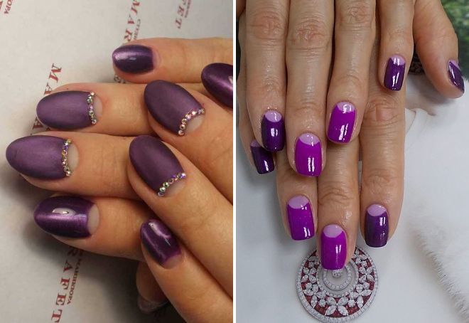 Manikyyri violetti valkoisella. Kuva kuvilla, strassilla, mallit lyhyille ja pitkille kynsille