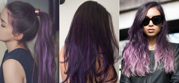 Helai ungu pada rambut panjang, pendek dan sederhana yang gelap. Cara membuat pewarnaan, foto