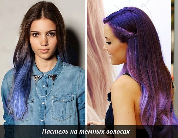 Helai ungu pada rambut panjang, pendek dan sederhana yang gelap. Cara membuat pewarnaan, foto