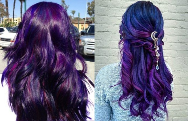 Mèches violettes sur cheveux foncés longs, courts et moyens. Comment faire la coloration, photo