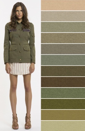 Kombinace zelené s jinými barvami v oblečení. Odstíny, barvy, fotografie