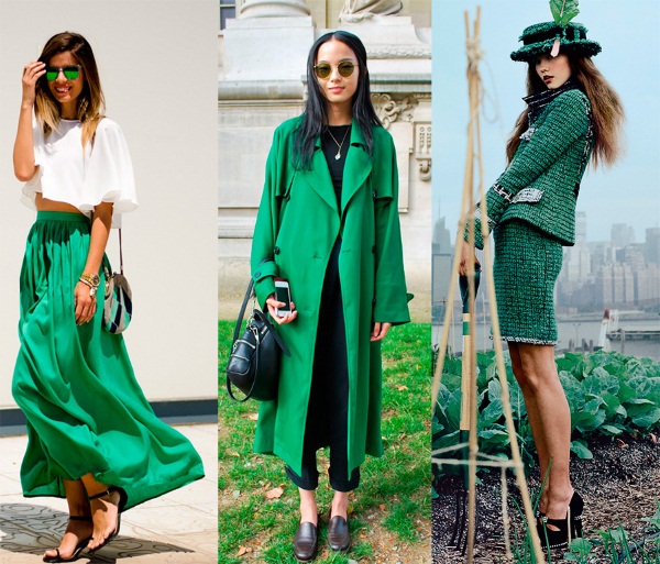 Apģērbā apvienojot zaļo krāsu ar citām krāsām. Toni, krāsa, fotogrāfija