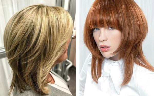 Double bob for medium hair. Photo, back and front view, with bangs and without