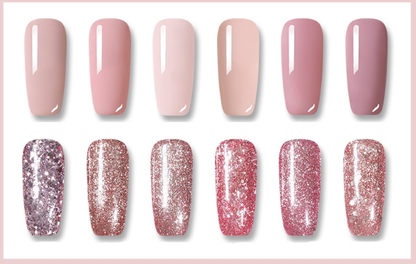 Manicure dengan labuci berwarna merah jambu di hujung, corak, kerajang, Perancis. Foto reka bentuk fesyen