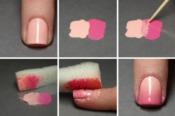 Manicure dengan labuci berwarna merah jambu pada hujung, corak, kerajang, Perancis. Foto reka bentuk fesyen