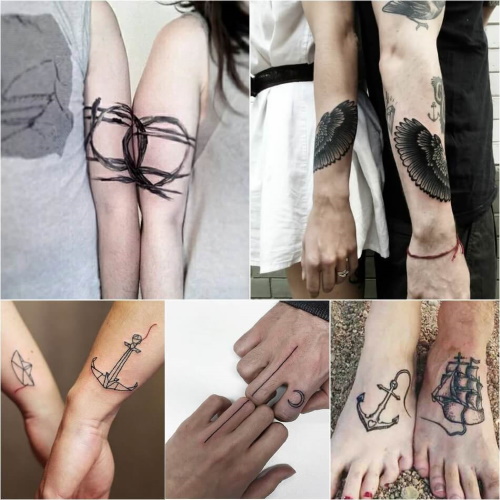 Gepaarte Tattoos für zwei Liebhaber. Skizzen, Fotoinschriften mit Übersetzung für Ehemann und Ehefrau, Freund und Freundin