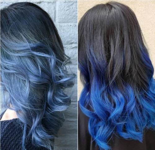 Helai biru pada rambut gelap. Foto untuk rambut panjang, sederhana dan pendek