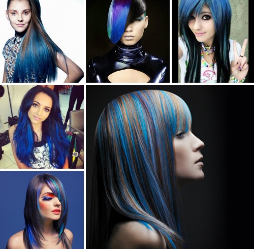 Suvite albastre pe părul întunecat. Fotografie pentru păr lung, mediu, scurt